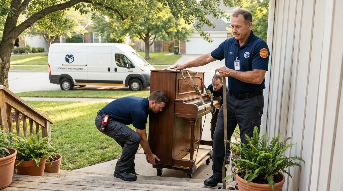 Licensed piano movers securing grand piano in Lawrenceburg, TN