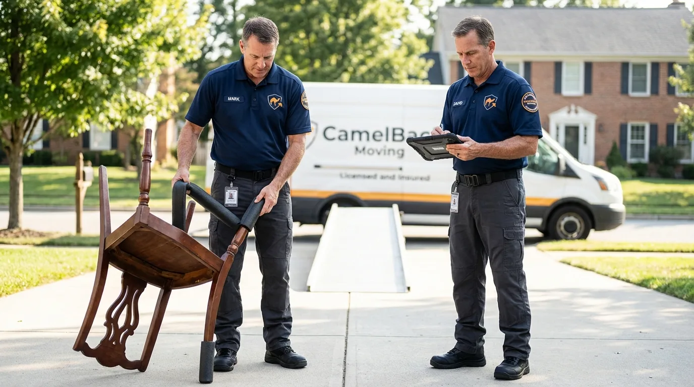 Movers inspecting furniture for damage prevention before loading in Lawrenceburg, TN
