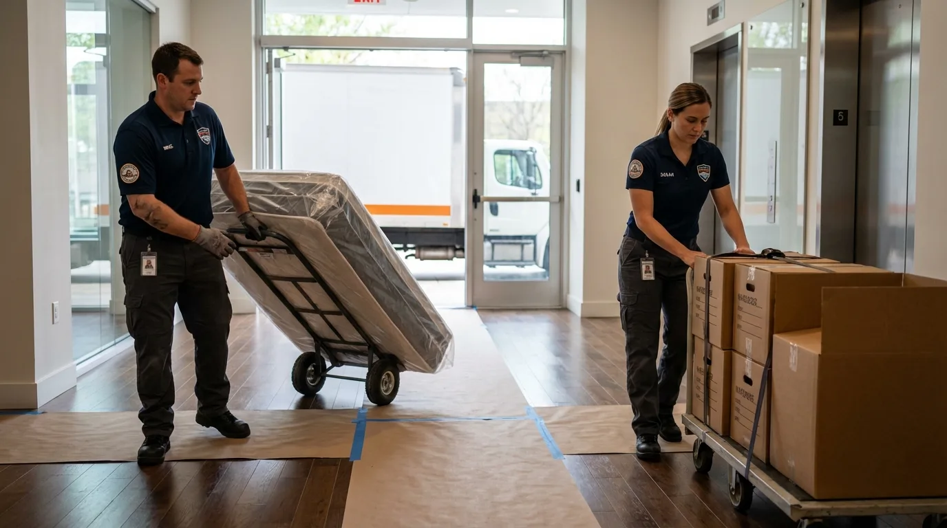 Professional apartment movers loading elevator in Lawrenceburg, TN