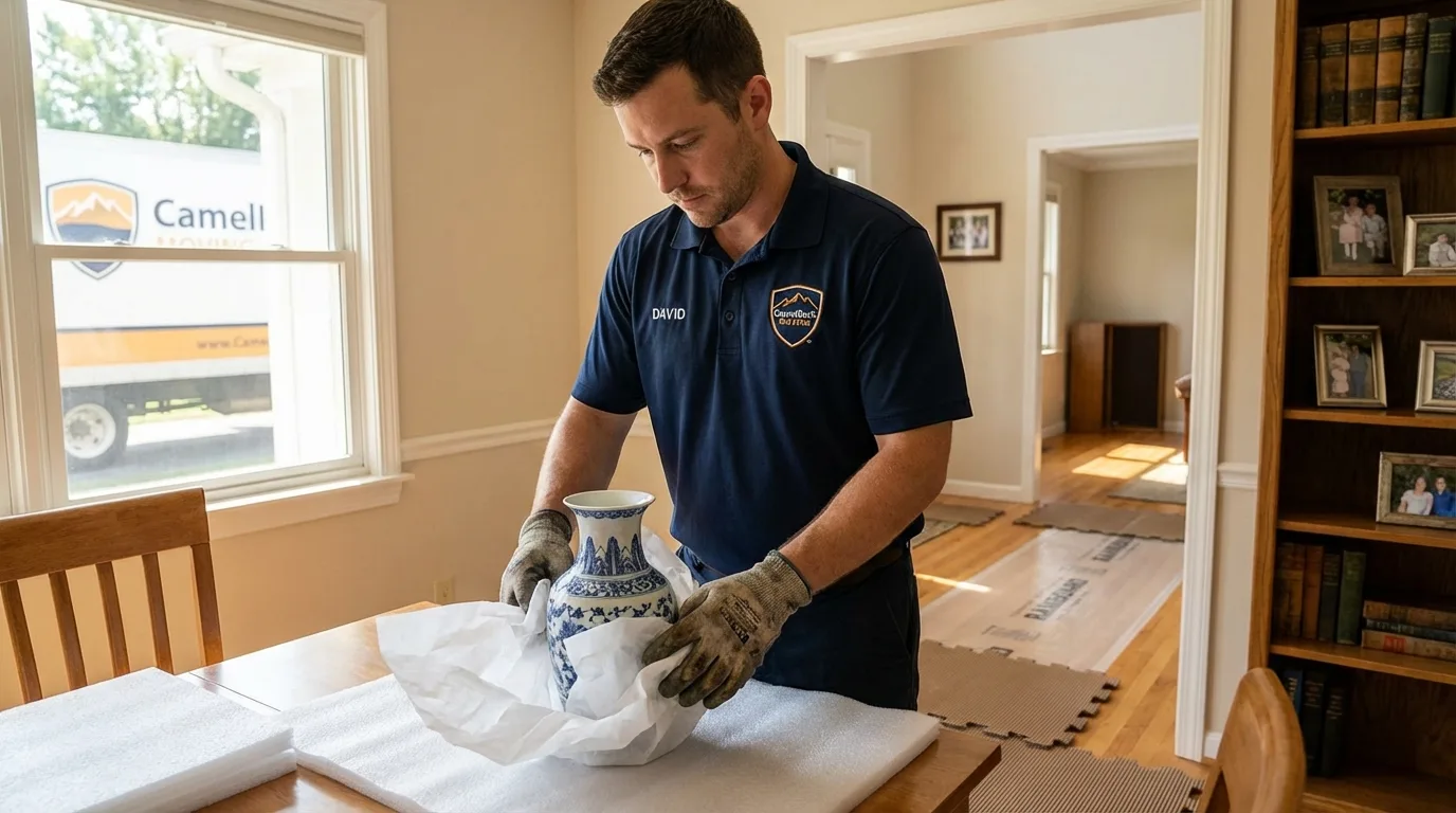 Professional crew carefully wrapping antique vase for senior downsizing move in Lawrenceburg, TN